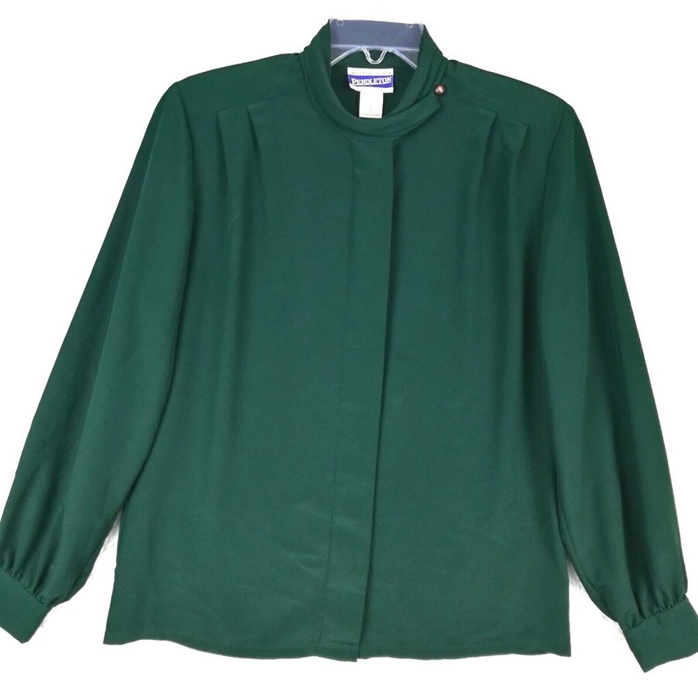 Pendleton Womens Shirt Button Down Green Pleated Long Sleeve Collar Petite 8P